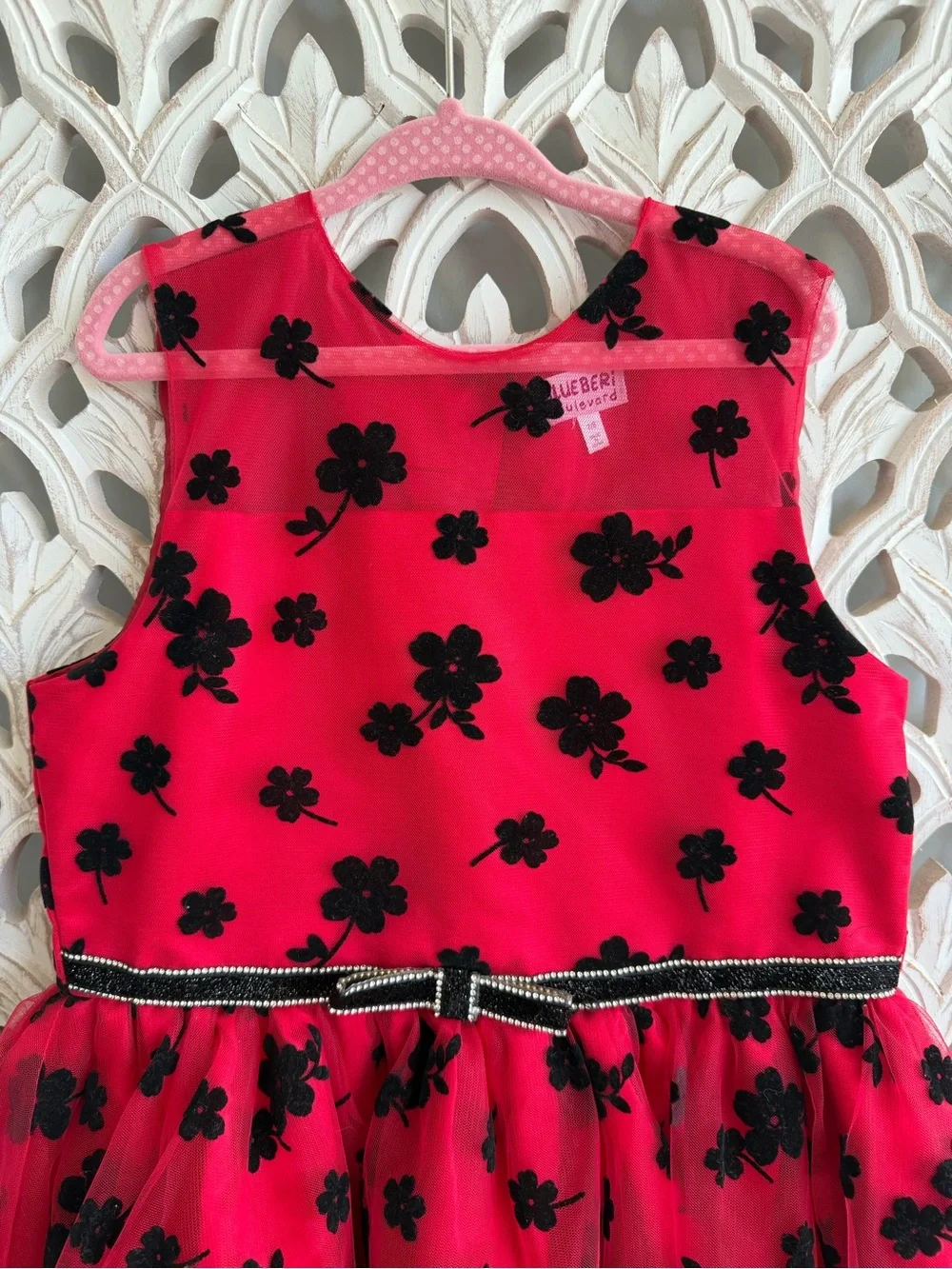 Blueberi Boulevard Red & Black Floral Tulle Party Dress, 7/8